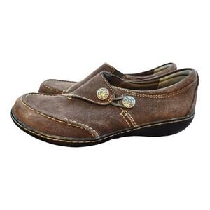 Clark's bendable women's slip on leather brown shoes sz 7N Ashland lane